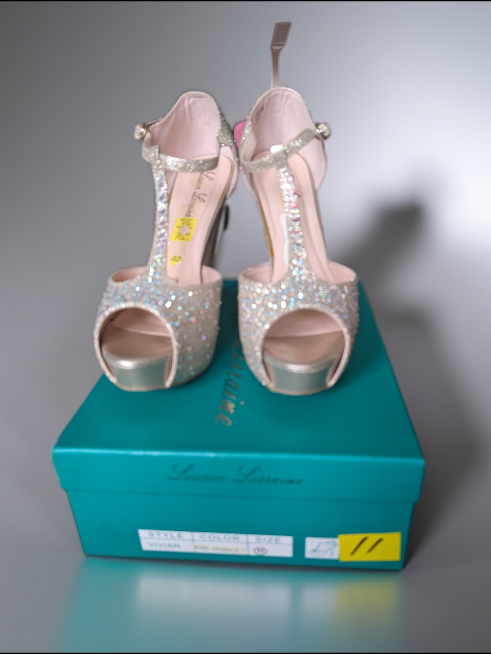 Lauren Lorraine Vivian Nude Sparkle T-Strap High Heels Shoes US 11 Medium - Picture 2 of 8
